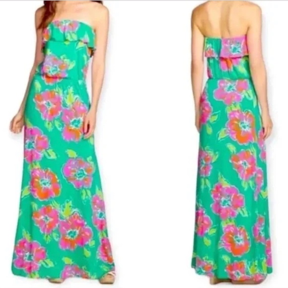 Lilly Pulitzer Amy Ruffle Strapless Maxi Dress Spearmint Fuzzy Navel Size XS - Picture 1 of 4